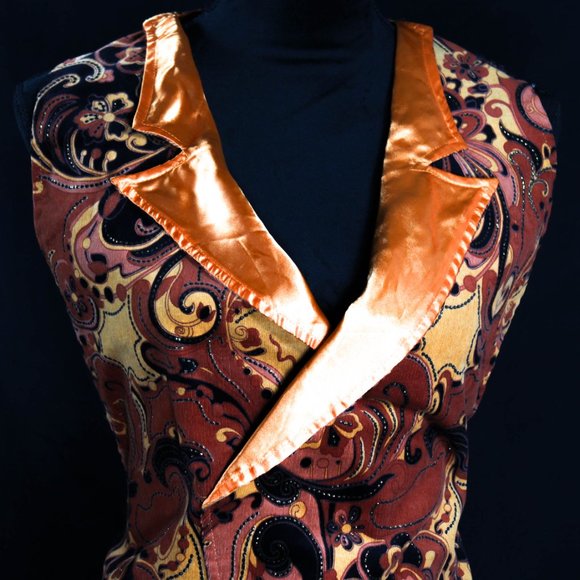 Retro Arthur Fleck Inspired Burnt Orange Paisley Sateen Tie Back Vest Cosplay - Picture 4 of 7
